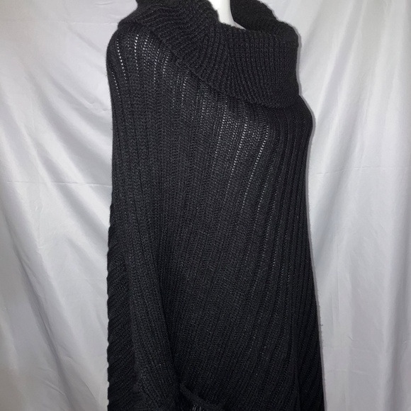 Women’s Black Knit Asymmetrical Cowl Neck Fringe Hem Poncho - Picture 2 of 3
